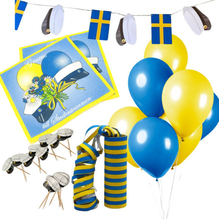 Studentpaket Dekoration Blå/Gult Servetter Serpentiner Girlang Ballonger Student